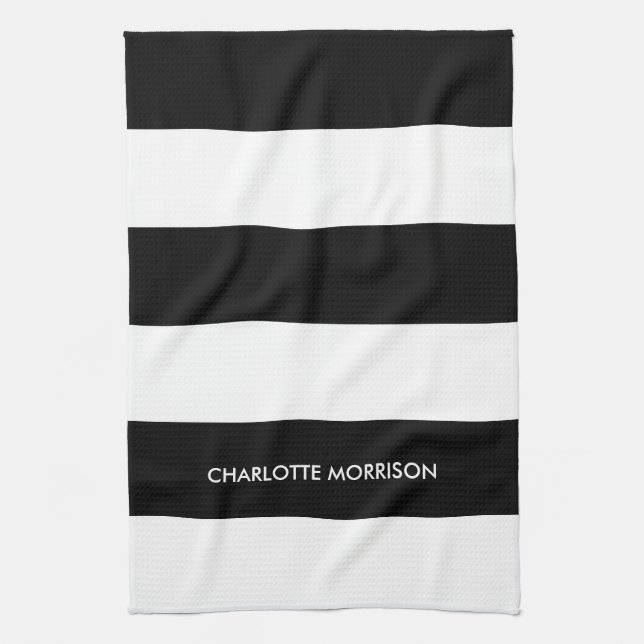 Modern stripes name monogram black and white tea towel (Vertical)