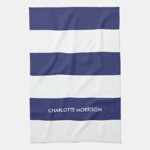 Modern stripes name monogram navy blue white tea towel