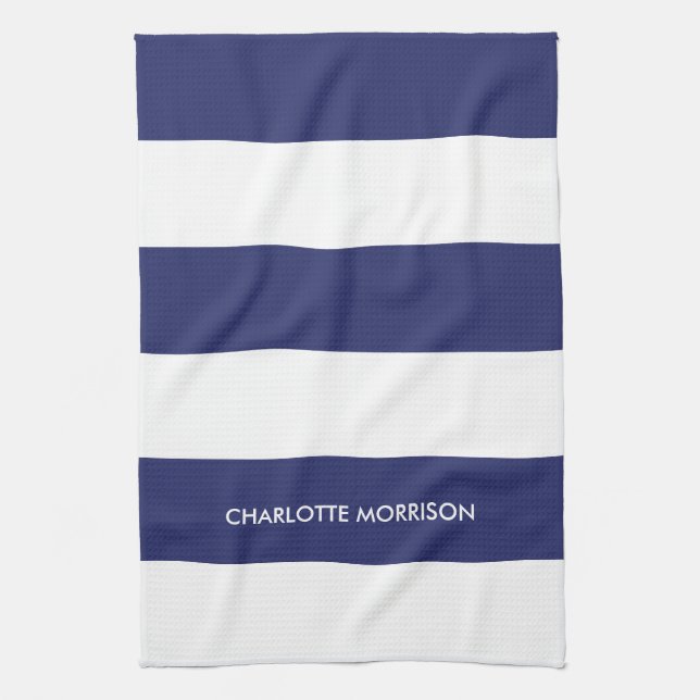 Modern stripes name monogram navy blue white tea towel (Vertical)