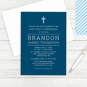 Modern Stripes Navy Blue First Communion for Boy Invitation