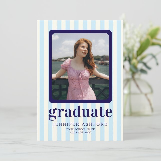 Modern Stripes Navy Blue Photo Graduation Party Invitation (Standing Front)