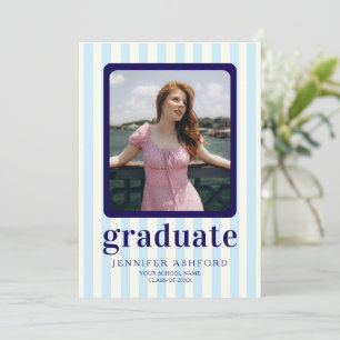 Modern Stripes Navy Blue Photo Graduation Party Invitation