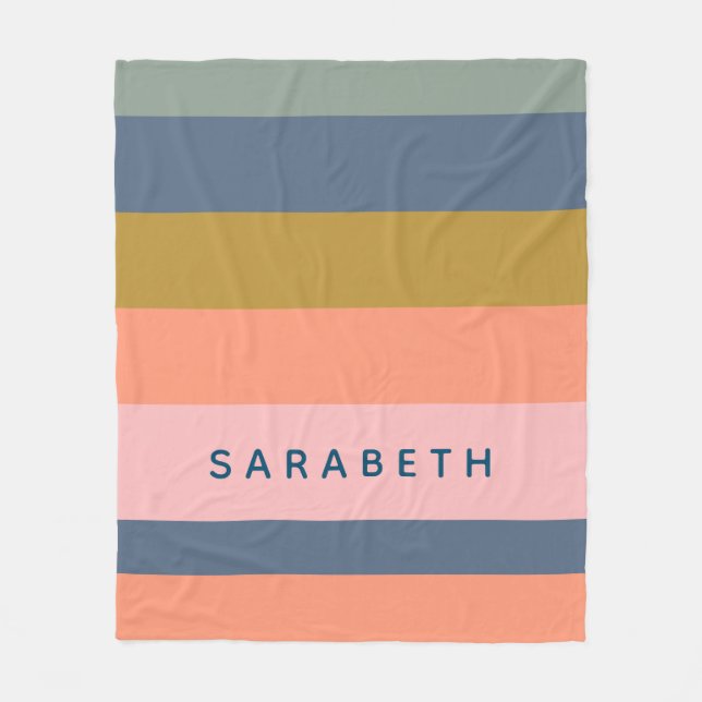 Modern Stripes Personalised Name Coral Navy  Fleece Blanket (Front)