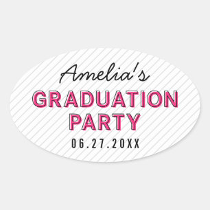 Modern Stripes Pink Graduation Party Oval Sticker