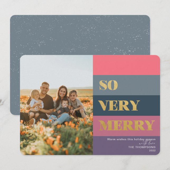 Modern Stripes Purple So Very Merry  Photo  Holiday Card (Front/Back)