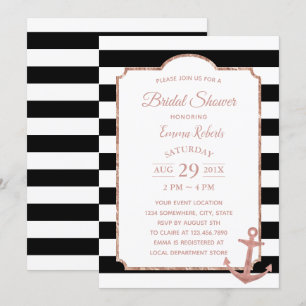 Modern Stripes Rose Gold Anchor Bridal Shower Invitation