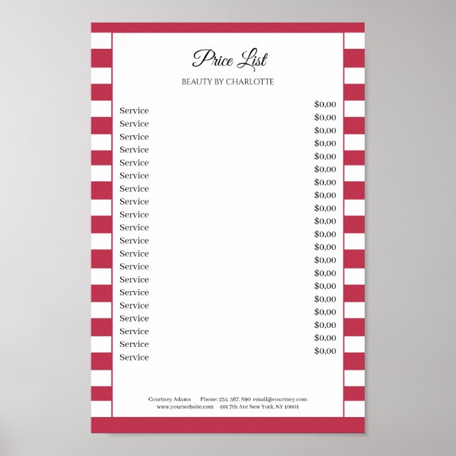 Modern Stripes Salon Price List Poster (Front)