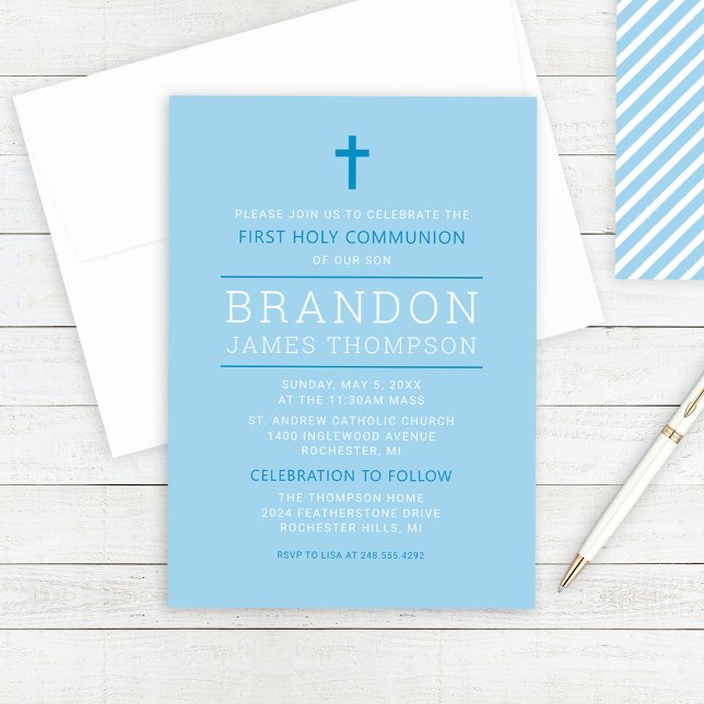 Modern Stripes Sky Blue First Communion Boy Invitation (Creator Uploaded)