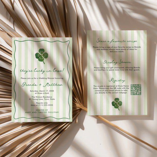 Modern Stripes St Patrick's Couples Wedding Shower Invitation (Lucky In Love St Patricks Day wedding shower invitations with modern stripes and squiggle border)