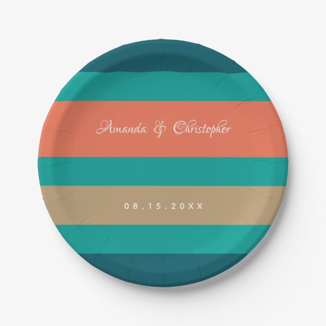Modern Stripes Teal Blue Coral Wedding Paper Plate (Front)