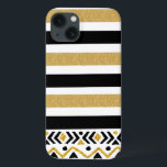 Modern Stripes & Tribal Pattern Gold Glitt iPhone 13 Case<br><div class="desc">Modern design hand drawn style gold glitter and black stripes over white background. Trendy tribal geometric design accent.stripes</div>