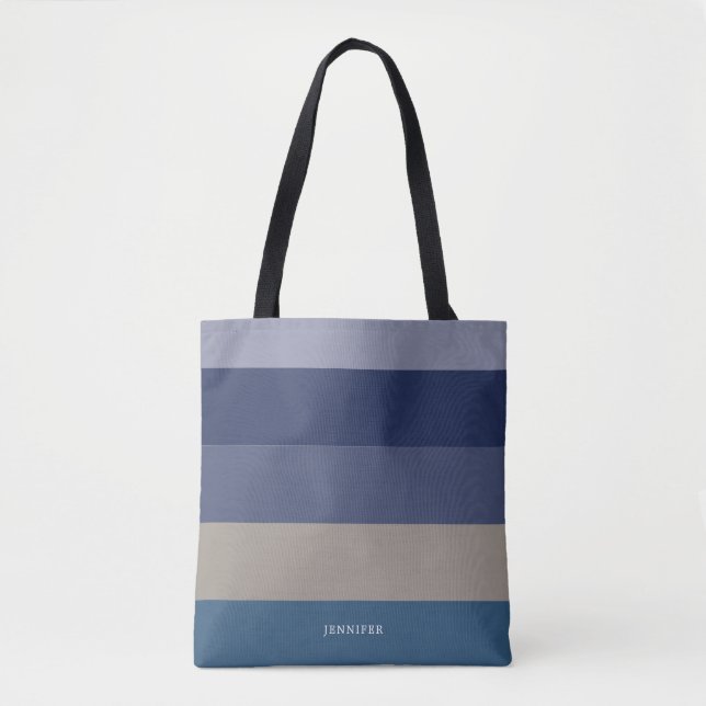 Modern Stripes with Monogram Shades of Blue Tote Bag (Front)