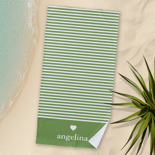 Modern Stripes with Upscale Heart Monogram Beach Towel (Personalized Beach Towel with Heart and Text)