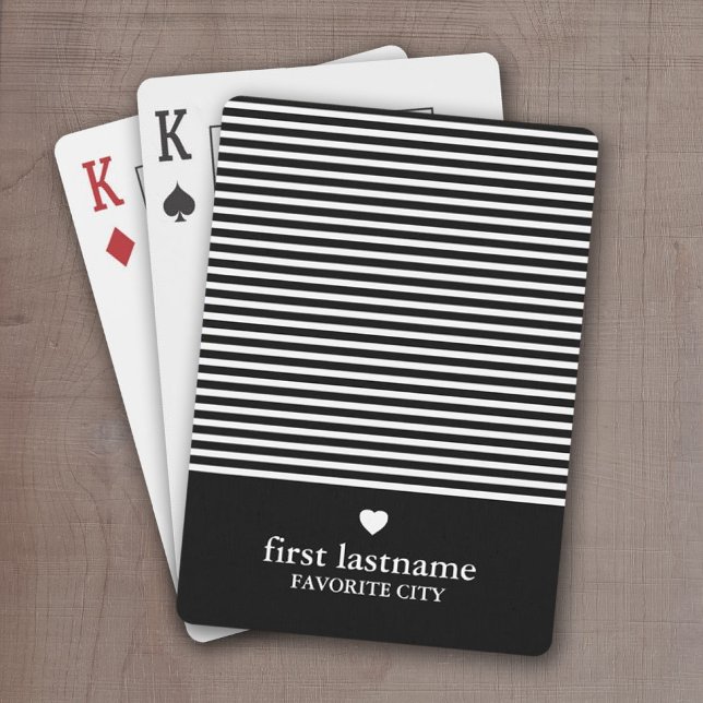 Modern Stripes with Upscale Heart Monogram Black Playing Cards (Add a name or monogram to these personalized playing cards.)