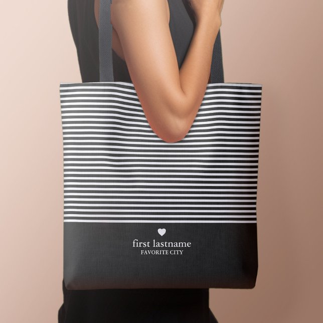 Modern Stripes with Upscale Heart Monogram Black Tote Bag (Personalized tote bag - Perfect for girl's weekends and bachelorette getaways!)