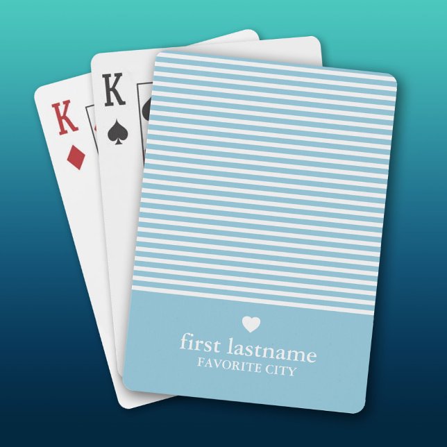 Modern Stripes with Upscale Heart Monogram Blue Playing Cards (Custom Playing Cards)