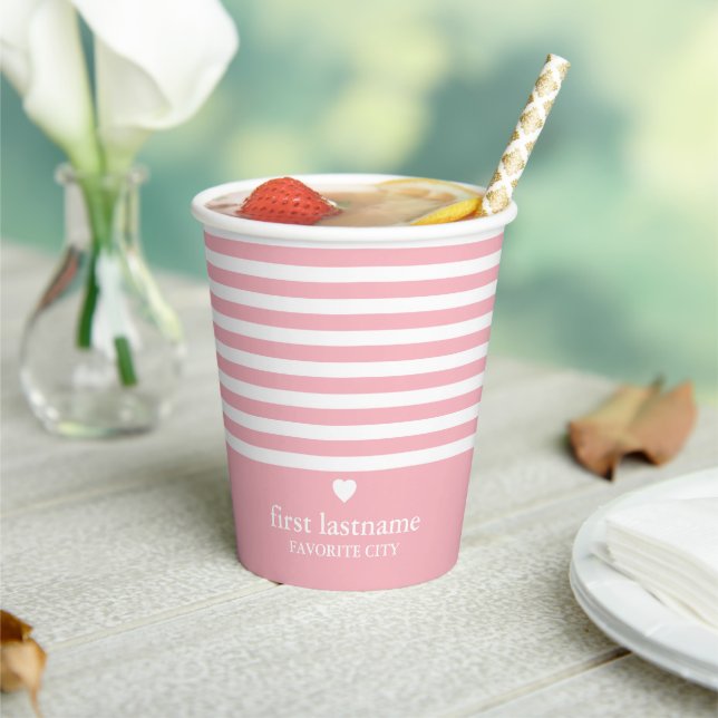 Modern Stripes with Upscale Heart Monogram Blush Paper Cups (Insitu)