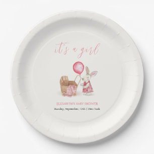 Modern Stroller Bunny Balloon Girl Baby Shower Paper Plate