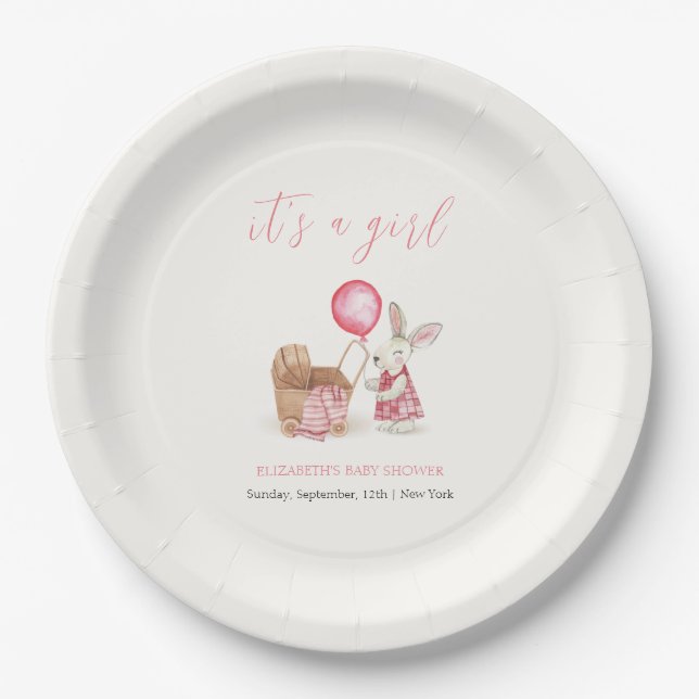 Modern Stroller Bunny Balloon Girl Baby Shower  Paper Plate (Front)