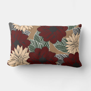 Modern Style Bold Red Tan Flowers Lumbar Cushion