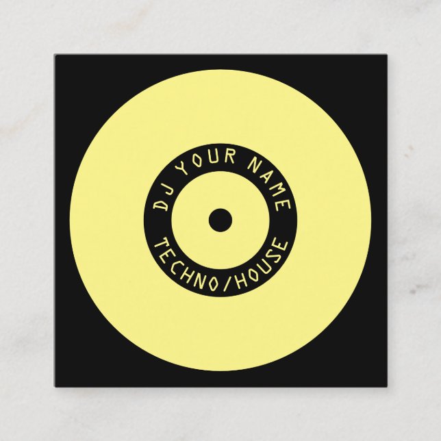 Modern style vinyl player inspiration yellow black square business card (Front)