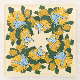 Modern Stylised Dandelion Butterflies Yellow Glass Coaster