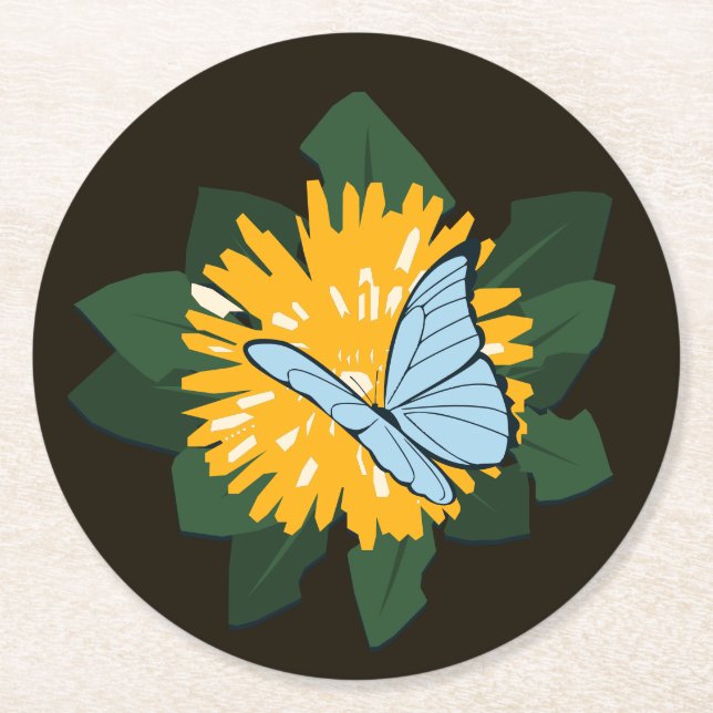 Modern Stylised Dandelion Butterflies Yellow Round Paper Coaster (Front)