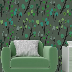 Modern Stylised Green Trees with Black Trunks Wallpaper