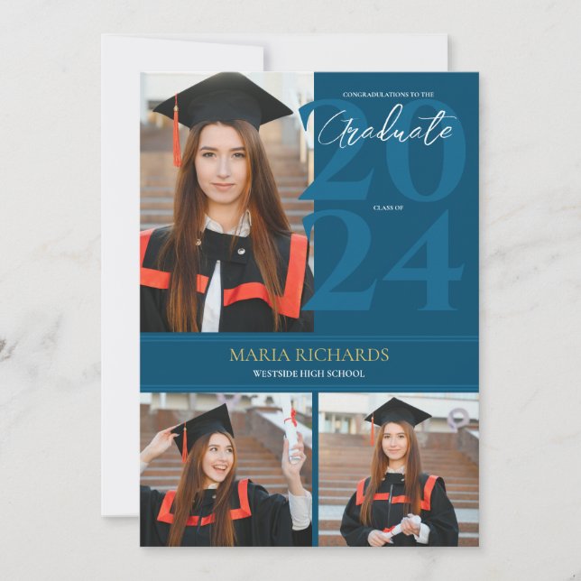 Modern Stylish 3 Photo Collage Blue Graduation Announcement (Front)