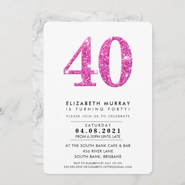 MODERN STYLISH 40TH birthday party pink glitter 40 Invitation (Front/Back)