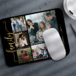 Modern stylish 6 photo collage family calligraphy mouse mat<br><div class="desc">Elegant modern family handwritten calligraphy script with six custom photos black gold keepsake photo mouse pad template.              Please note that the background colour is changeable. You can replace the black with any other colour after selecting CUSTOMIZE option.</div>