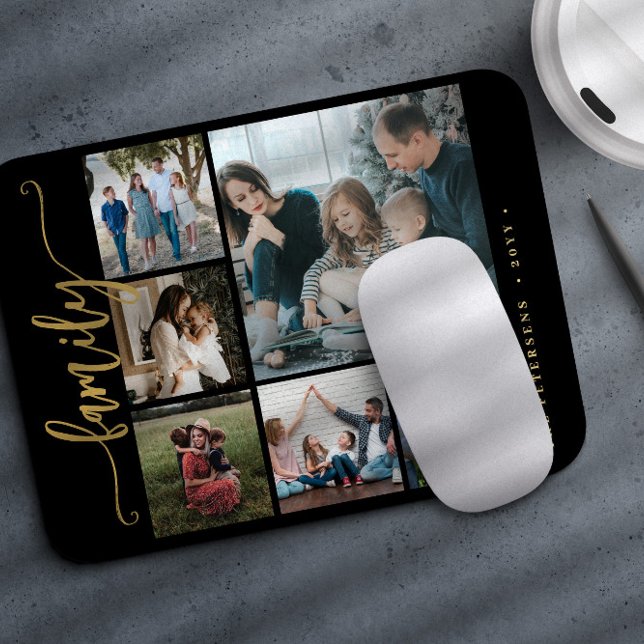Modern stylish 6 photo collage family calligraphy mouse mat (Creator Uploaded)