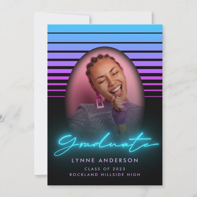 Modern Stylish 70s Retro Neon Photo Graduation Invitation (Front)
