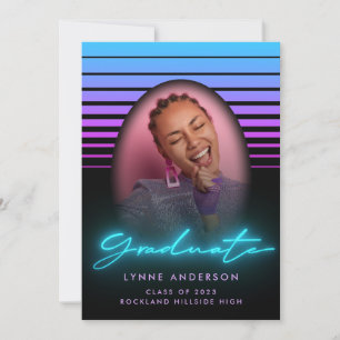 Modern Stylish 70s Retro Neon Photo Graduation Invitation