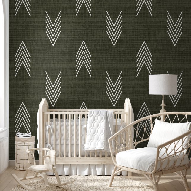 Modern Stylish African Mudcloth Dark Green Wallpaper (Kids)