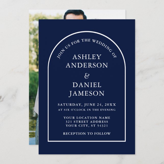 Modern Stylish Arch Blue Photo Wedding Invitation (Front/Back)