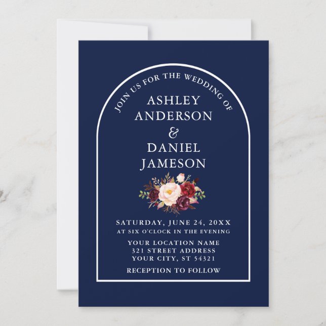 Modern Stylish Arch Burgundy Floral Blue Wedding Invitation (Front)