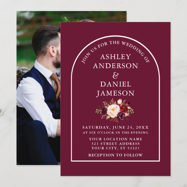 Modern Stylish Arch Burgundy Floral Photo Wedding Invitation (Front/Back)