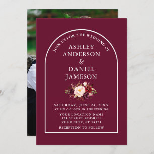 Modern Stylish Arch Burgundy Floral Photo Wedding Invitation