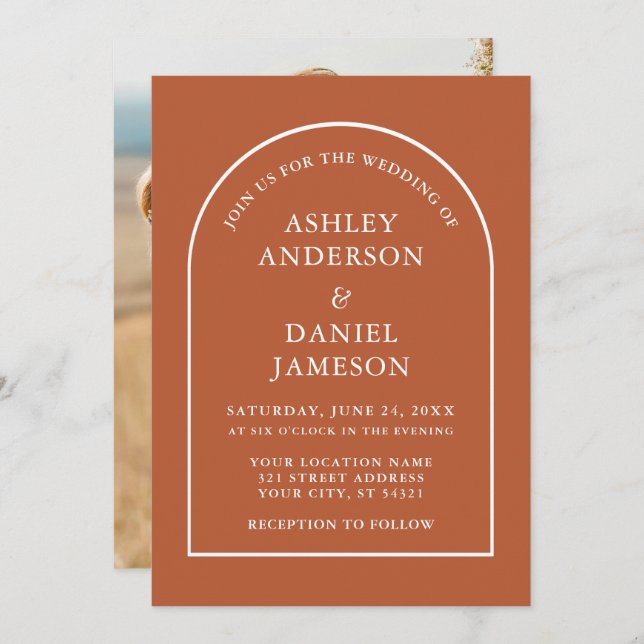 Modern Stylish Arch Burnt Orange Photo Wedding Invitation (Front/Back)