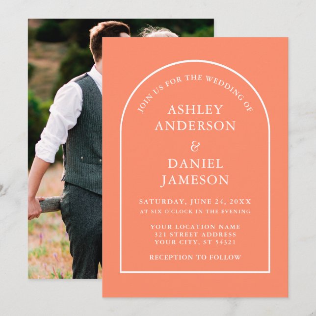 Modern Stylish Arch Coral Photo Wedding Invitation (Front/Back)