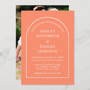 Modern Stylish Arch Coral Photo Wedding Invitation