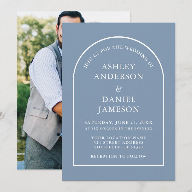 Modern Stylish Arch Dusty Blue Photo Wedding Invitation (Front/Back)