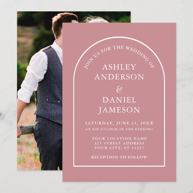 Modern Stylish Arch Dusty Rose Photo Wedding Invitation (Front/Back)