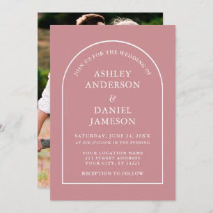 Modern Stylish Arch Dusty Rose Photo Wedding Invitation