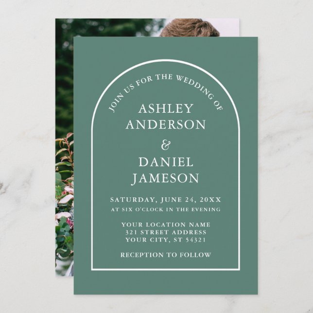 Modern Stylish Arch Eucalyptus Green Photo Wedding Invitation (Front/Back)