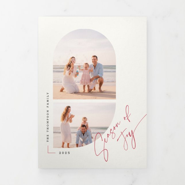 Modern Stylish Arch Family Photo Beach Christmas Tri-Fold Holiday Card (Cover)