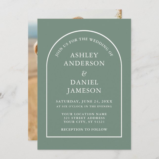 Modern Stylish Arch Sage Green Photo Wedding Invitation (Front/Back)