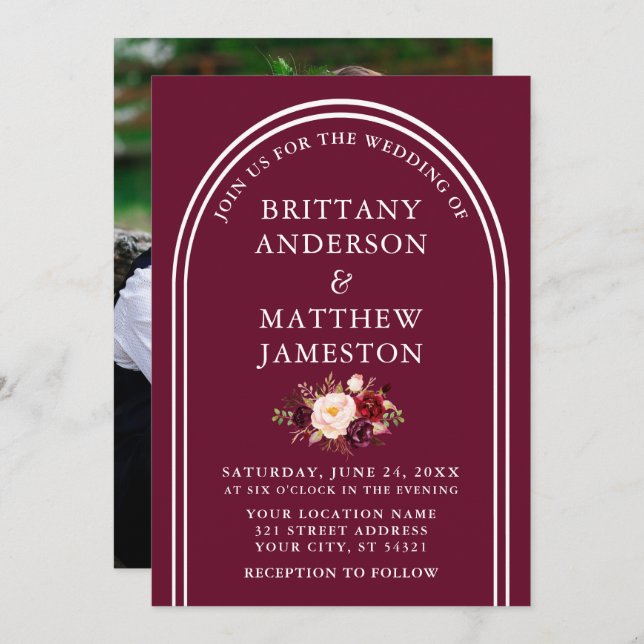 Modern Stylish Arch Wedding Burgundy Floral Photo Invitation (Front/Back)
