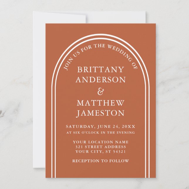 Modern Stylish Arch Wedding Burnt Orange Invitation (Front)